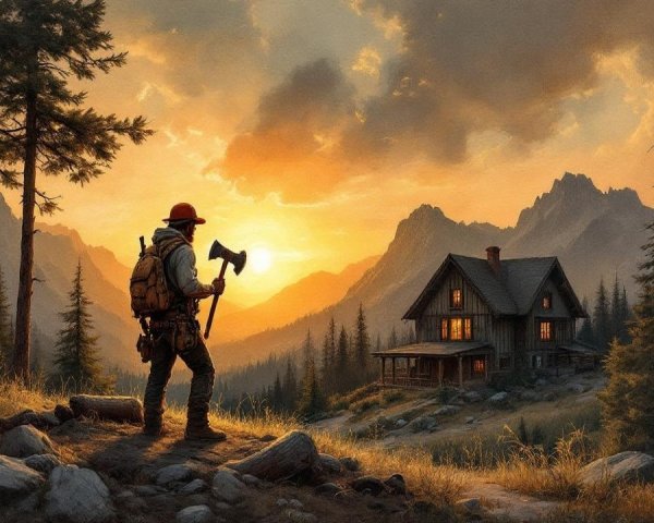 Solitary Figure with Axe in Forest Clearing at Sunset