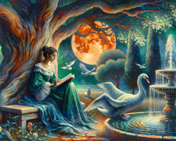 Moonlit Garden with Woman Reading Under Tree