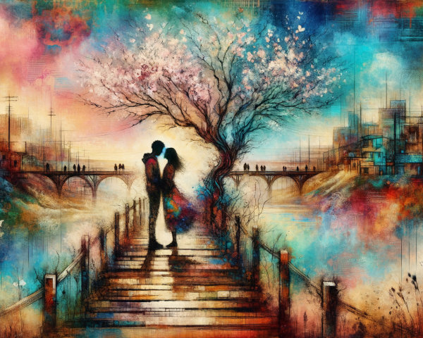 Couple Embracing on Colorful Bridge at Sunset