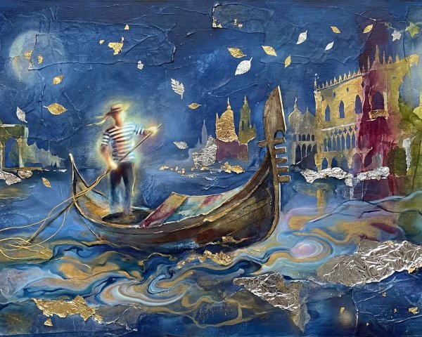 Mixed Media Venetian Cityscape at Night with Gondola