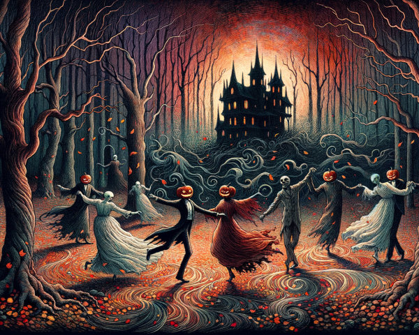 Ghostly Figures with Pumpkin Masks in Mystical Forest