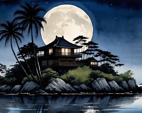 Tranquil Night Scene with Asian Building and Moonlight