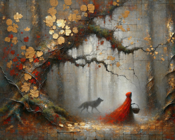 Mystical forest scene with red cloak and wolf companion
