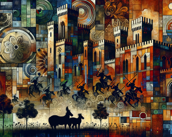 Vibrant Abstract Composition with Horse Riders and Castle