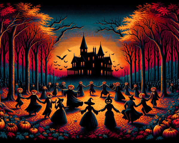 Eerie Halloween Scene with Dancing Figures and Pumpkins