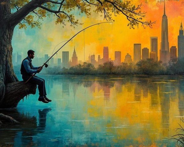 Serene Sunset Scene with Fishing and City Skyline