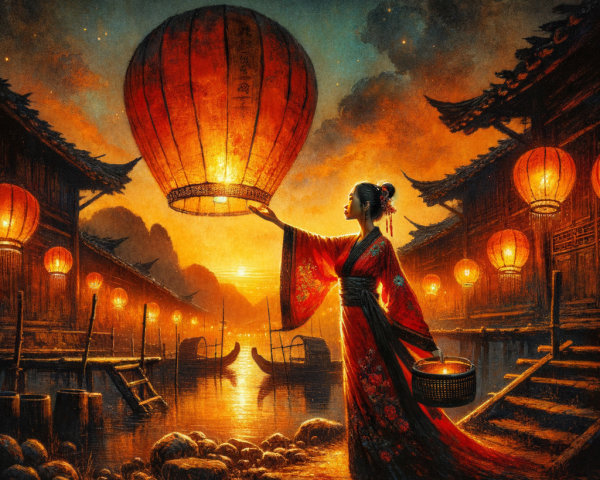 Twilight Scene of Woman Releasing Lantern in Canal