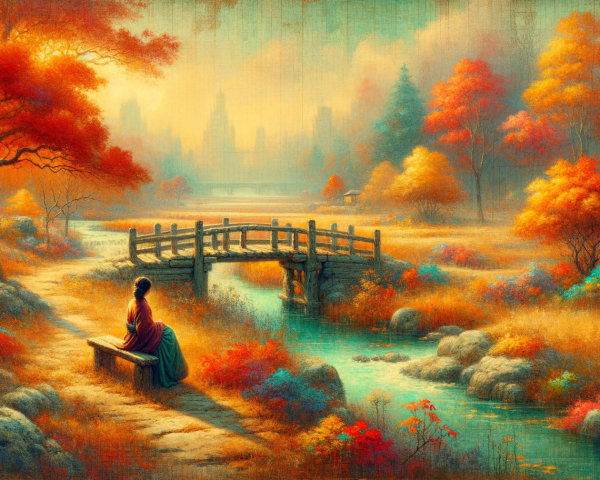 Autumn Landscape with Stream and Wooden Bridge