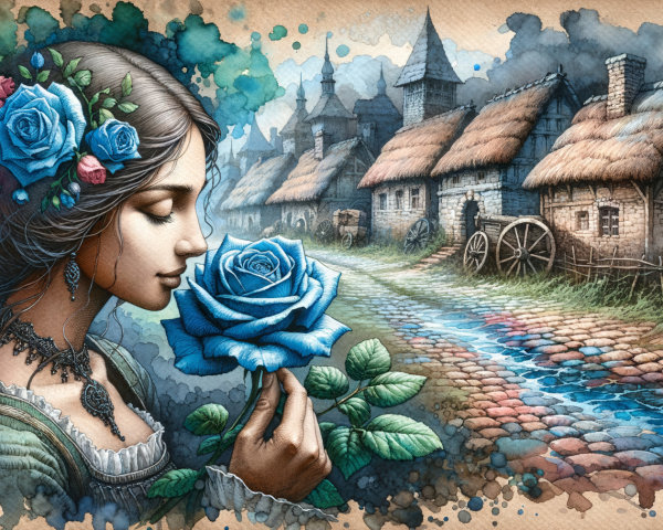 Watercolor Landscape with Young Woman and Blue Roses