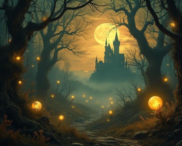 Mystical Foggy Forest with Glowing Orbs and Castle