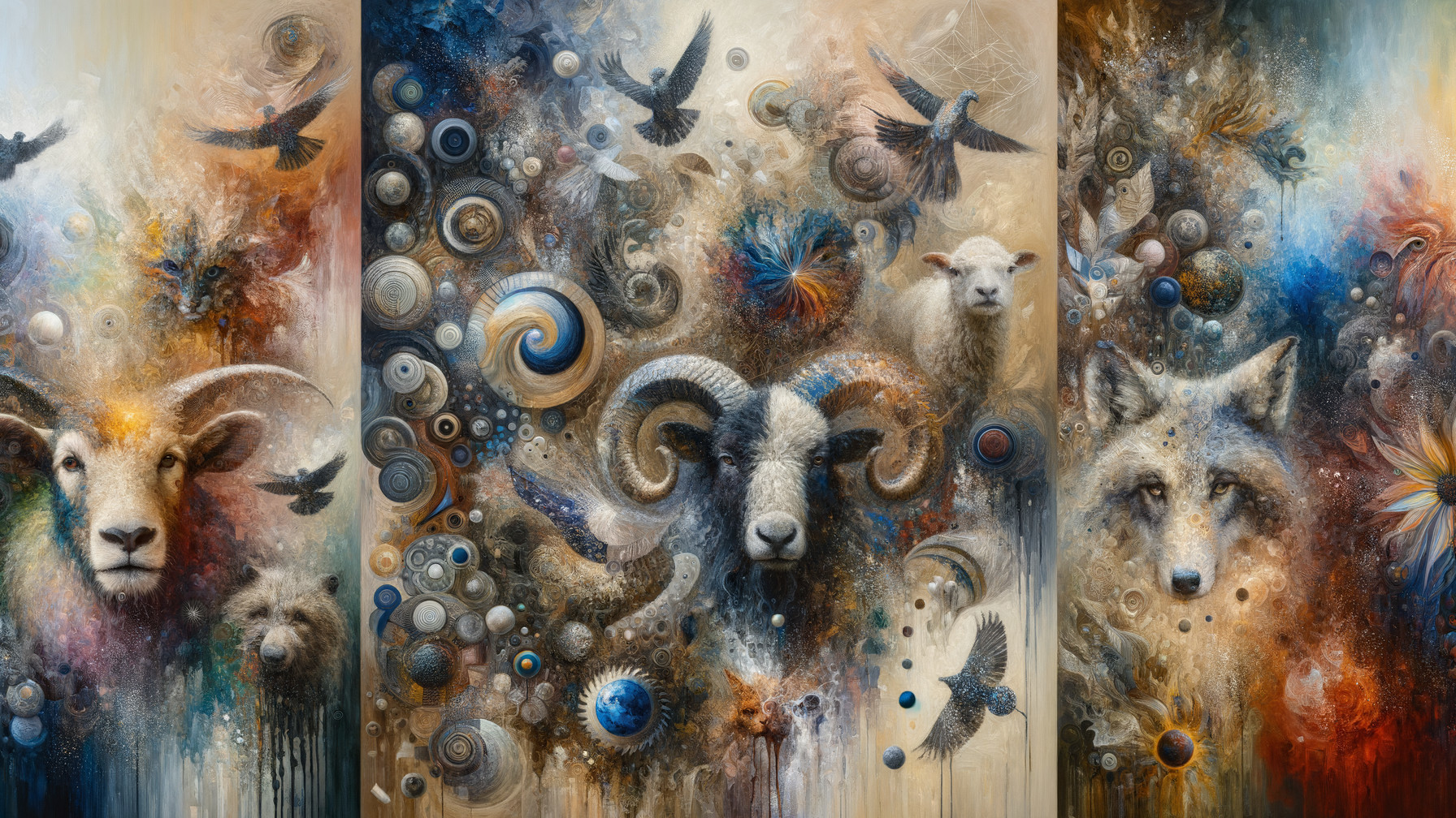 Vibrant Triptych of Animal Faces and Abstract Patterns