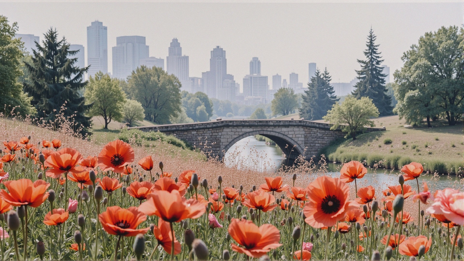 Vibrant Poppy Field with River and Urban Skyline