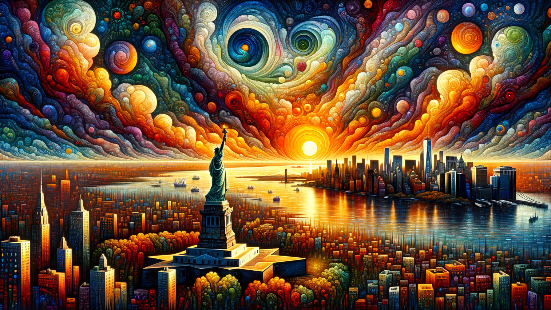 Surreal Sunset Skyline of New York City with Liberty