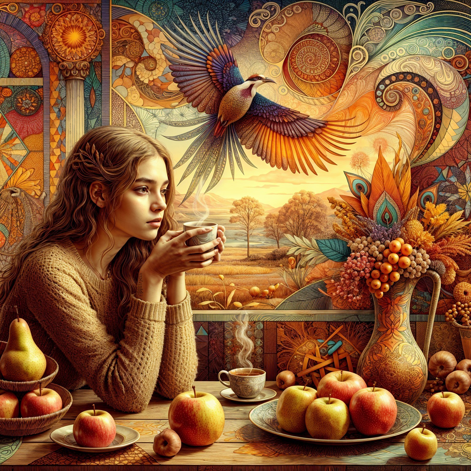Serene Young Woman with Tea in Autumn Setting