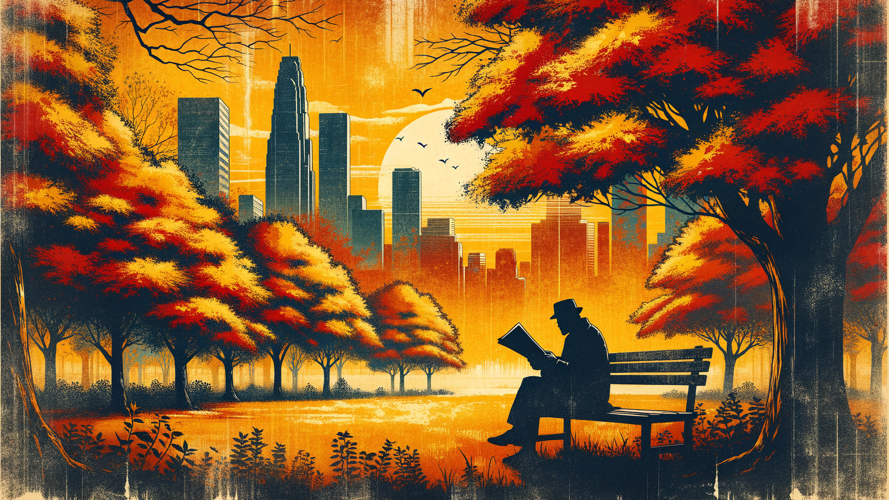 Silhouette of a man reading in an autumn park
