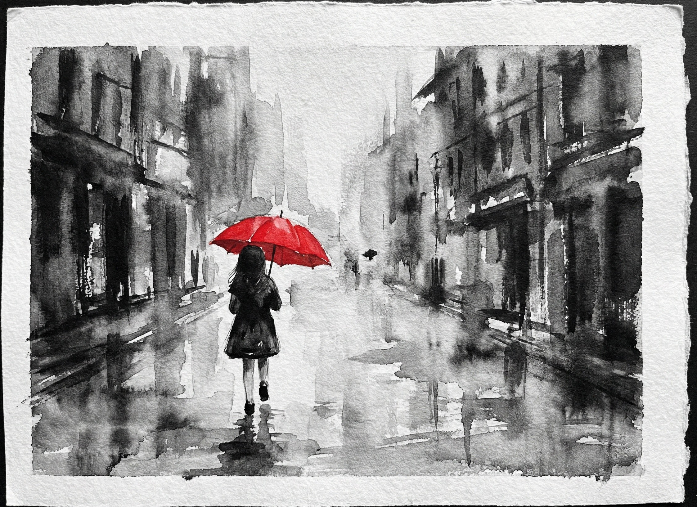 Watercolor Painting of Woman with Red Umbrella in City