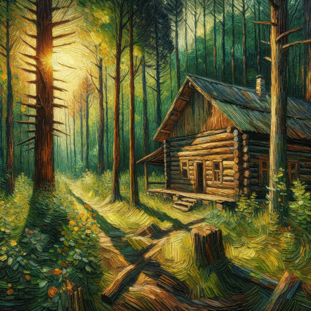 Rustic log cabin in serene woodland setting