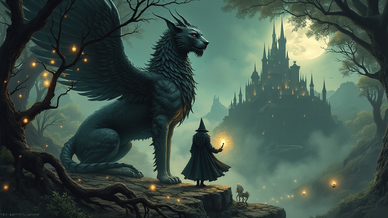 Winged Sphinx and Cloaked Figure in Mystical Landscape