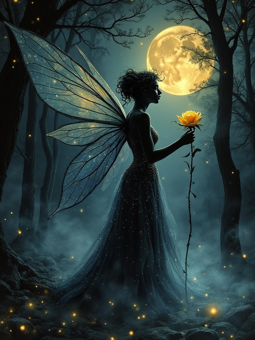 Fairy Silhouette in Mystical Forest Under Full Moon