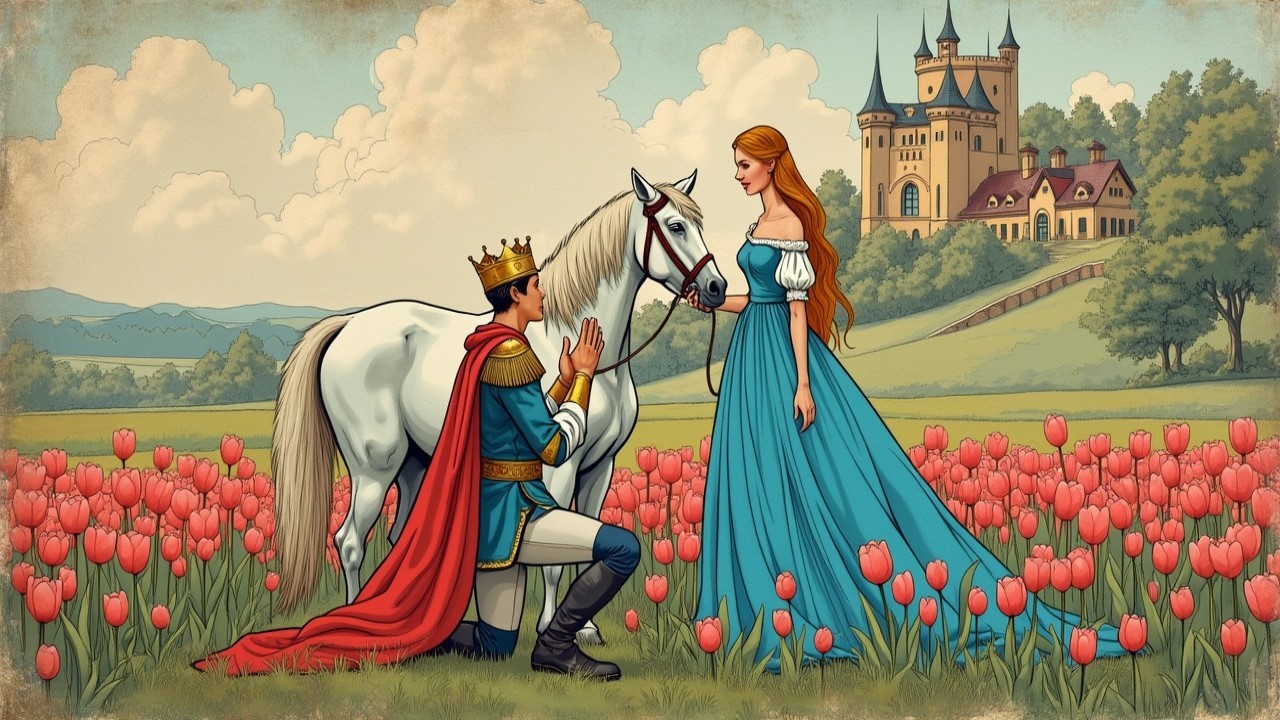 Prince and princess in a tulip-filled landscape