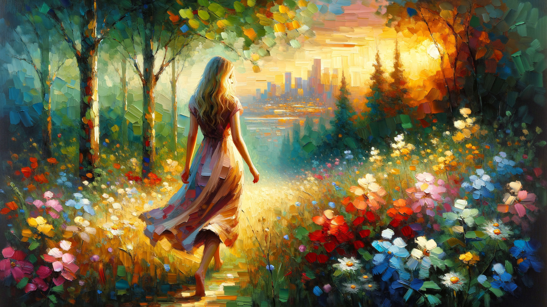Serene Landscape with Young Woman and City Skyline
