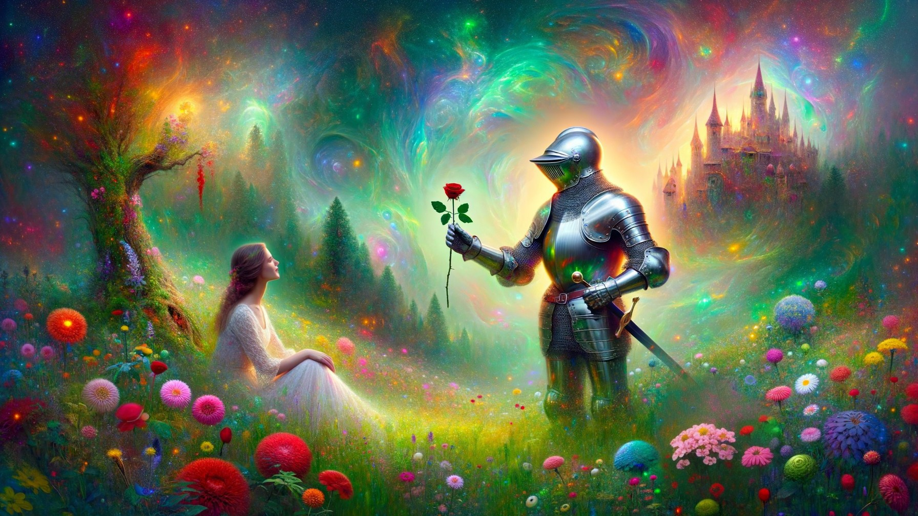 Knight and Woman in Dreamlike Fantasy Landscape