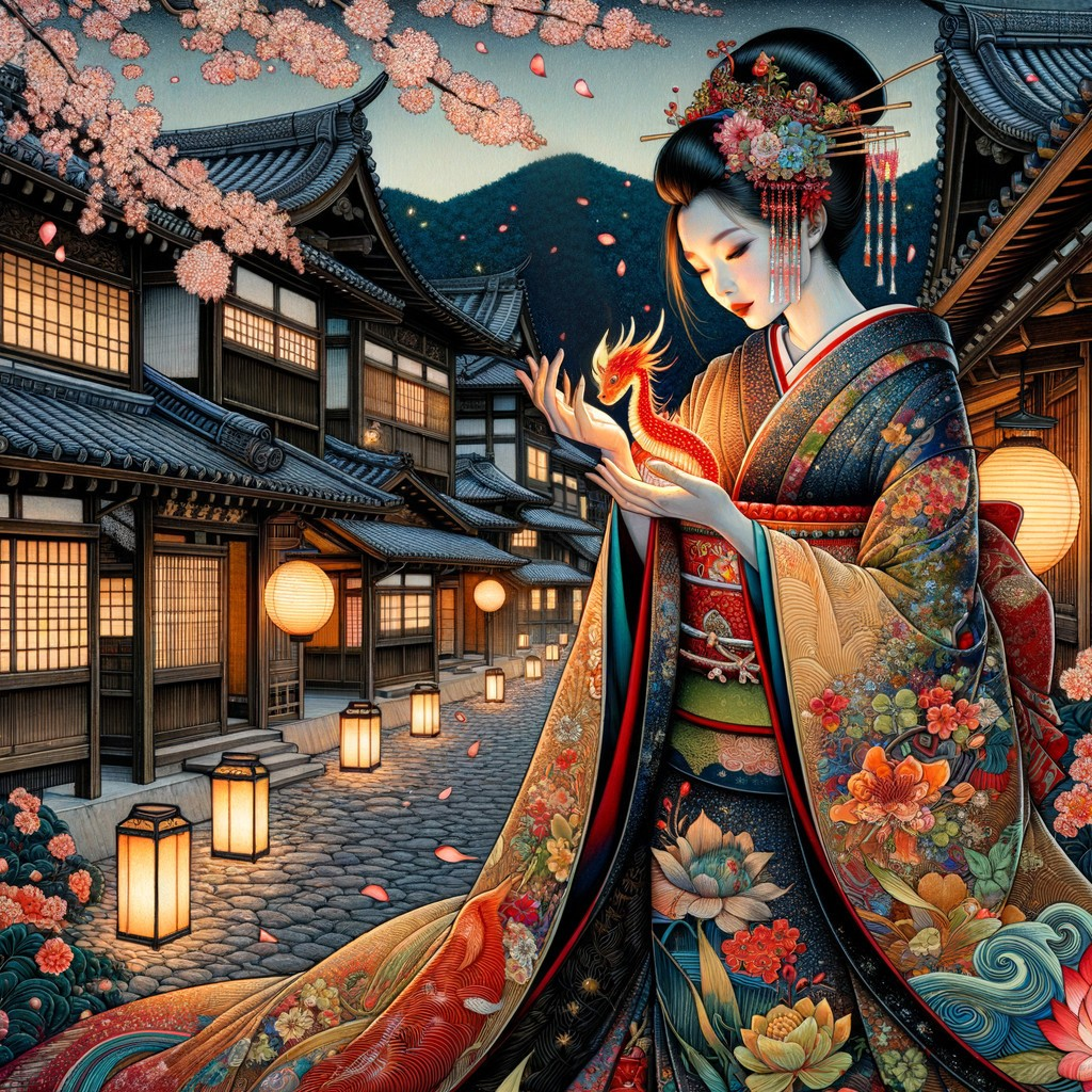 Serene Night Scene in a Japanese Village with Lanterns