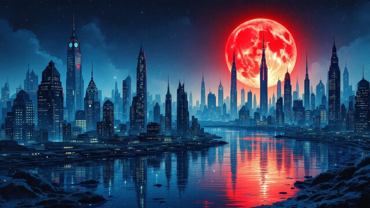 Night Skyline with Skyscrapers and Red Supermoon