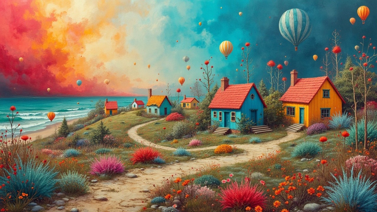 Colorful Houses in a Vibrant Landscape with Balloons