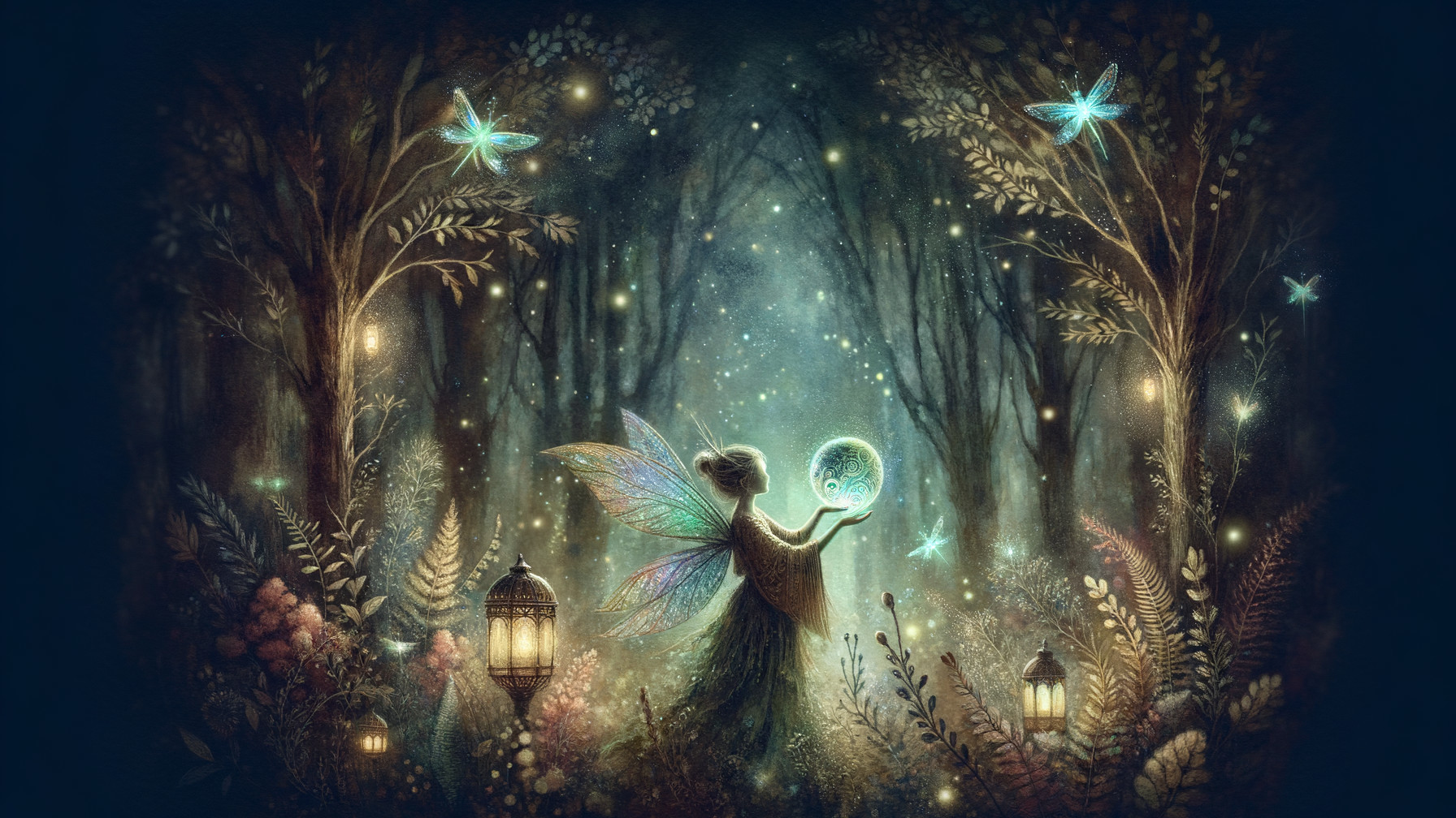 Fairy in Mystical Forest with Crystal Ball and Fireflies