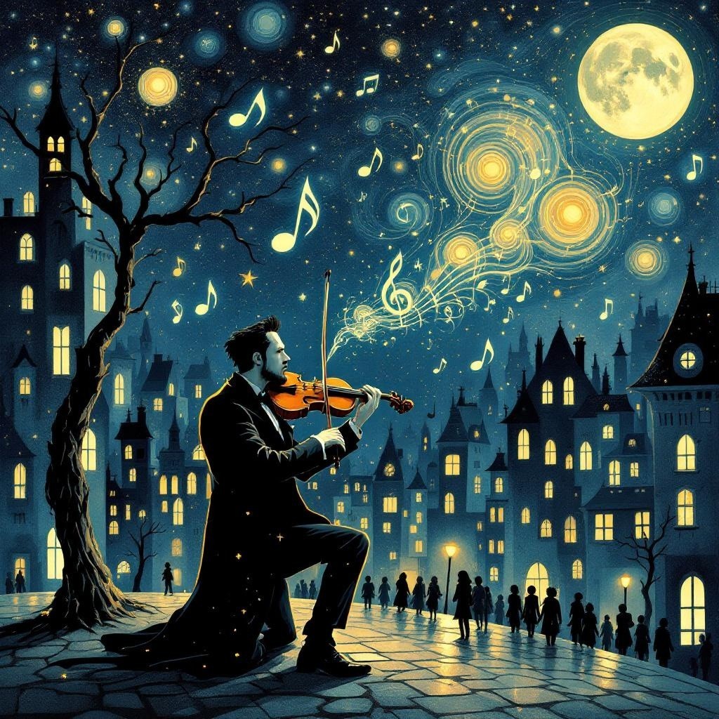 Violinist Performs Under Moonlit City Sky