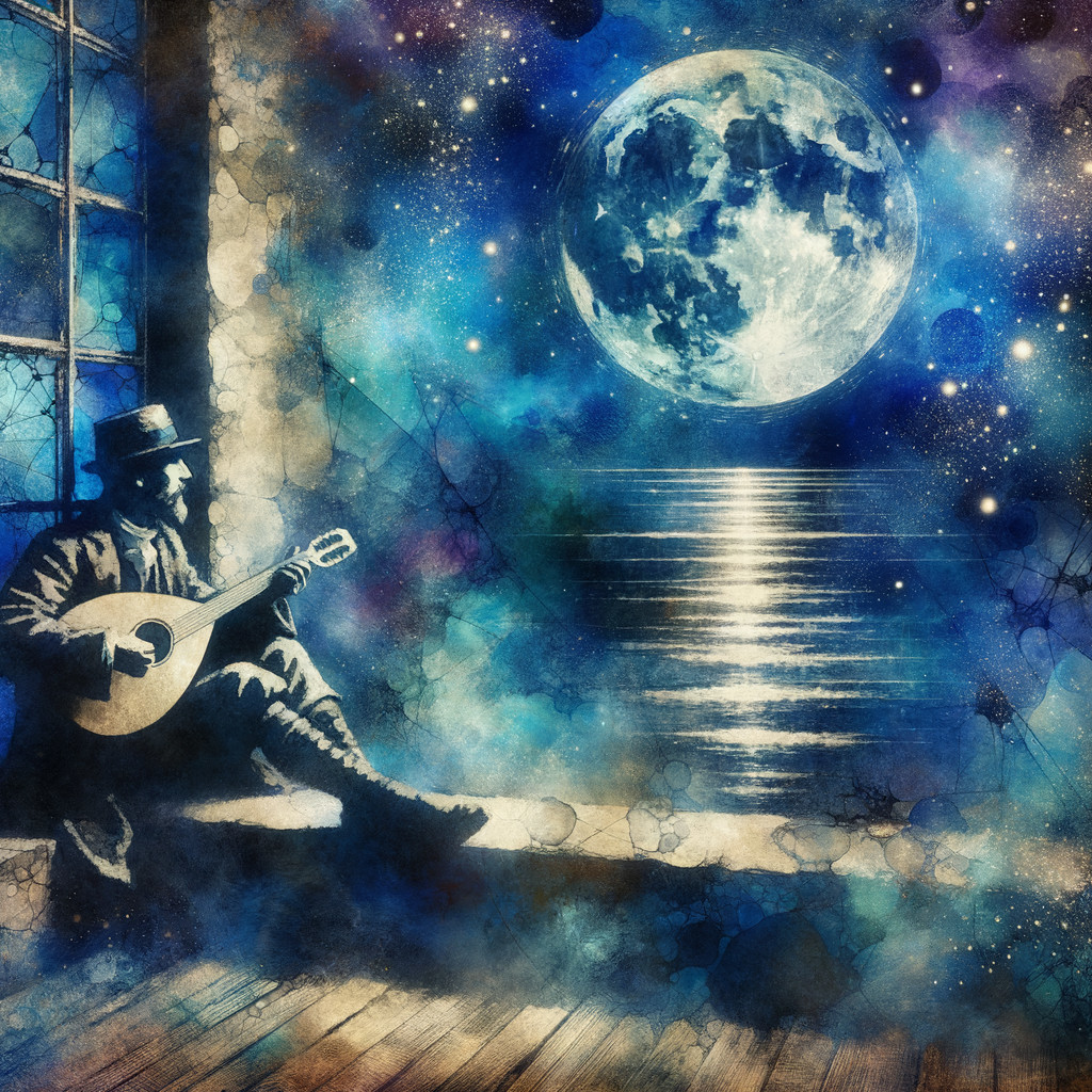 Lone Figure Playing Lute by Moonlit Ocean Scene