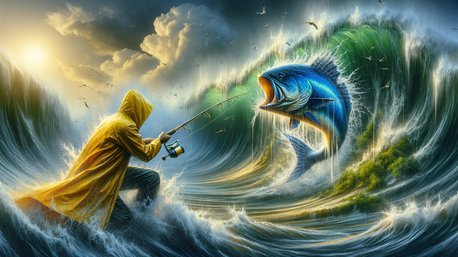 Fisherman in Yellow Raincoat Battling Fish at Sunset
