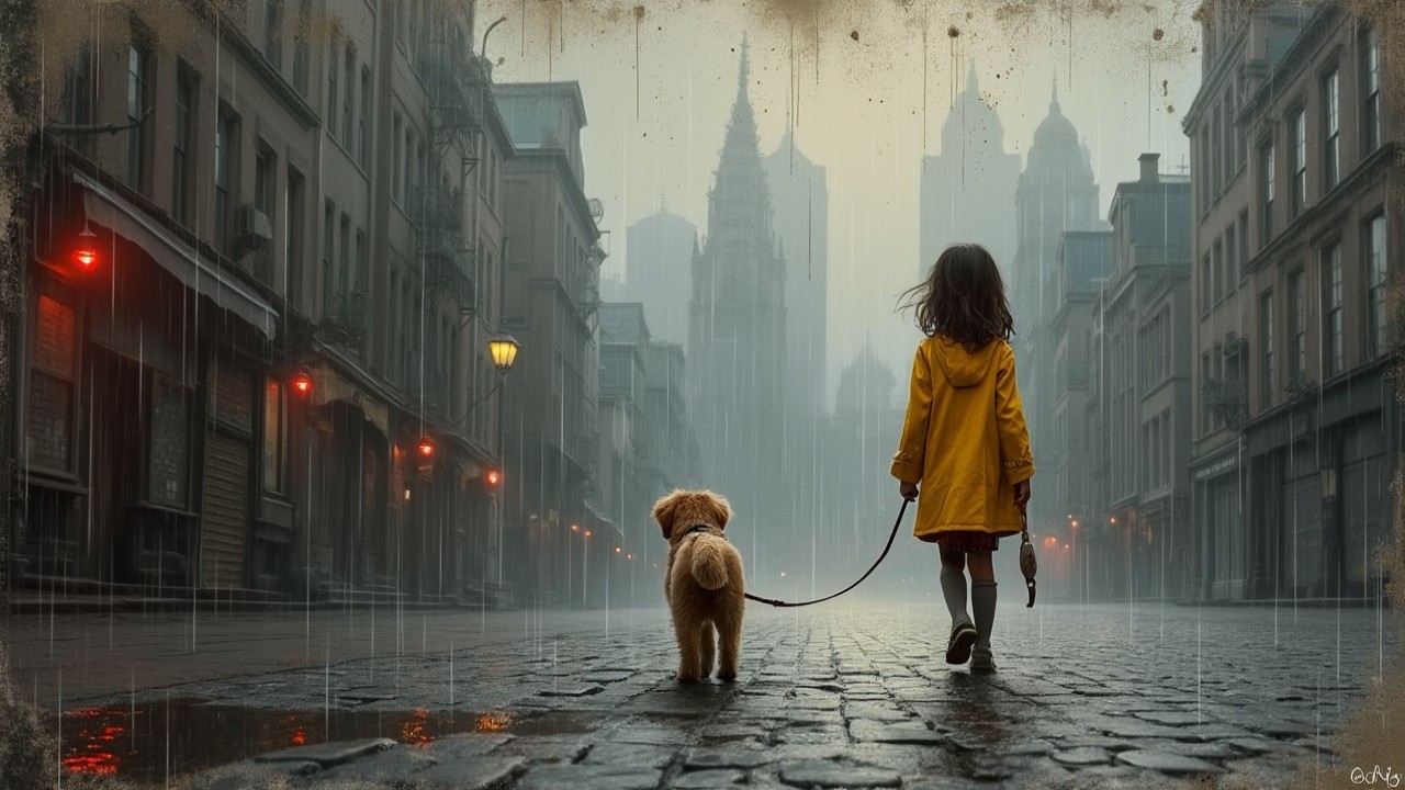 Child in yellow raincoat walks dog on misty street