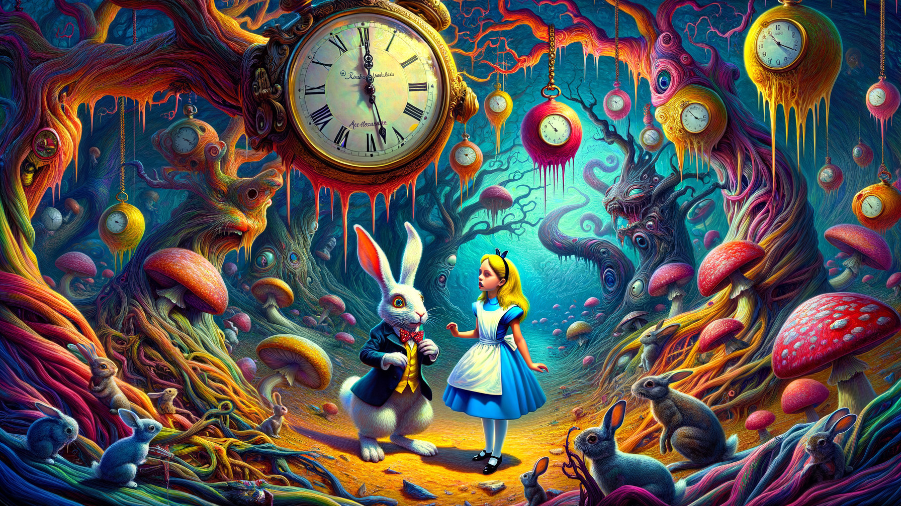 Whimsical Forest Scene with Alice and the White Rabbit