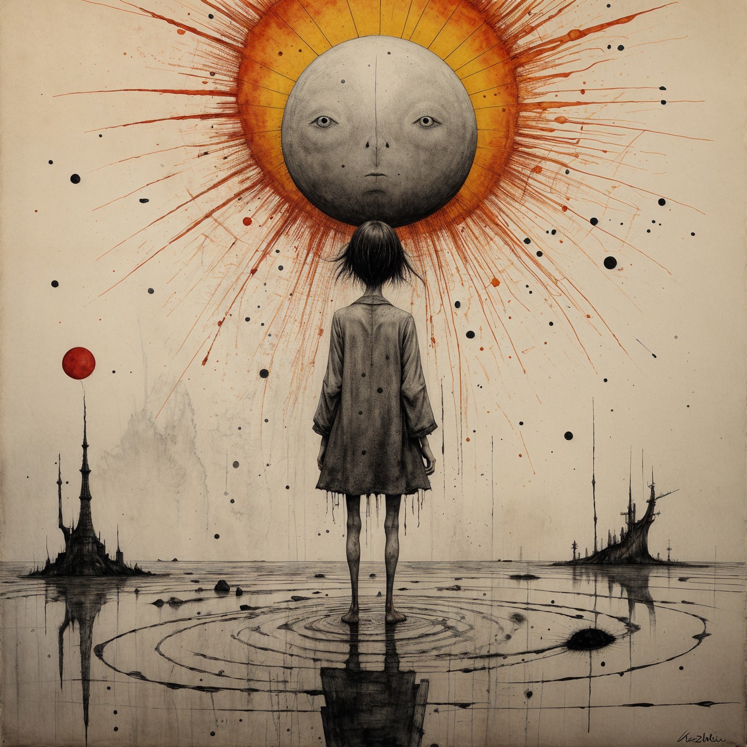 Solitary Figure on Reflective Surface in Cosmic Scene