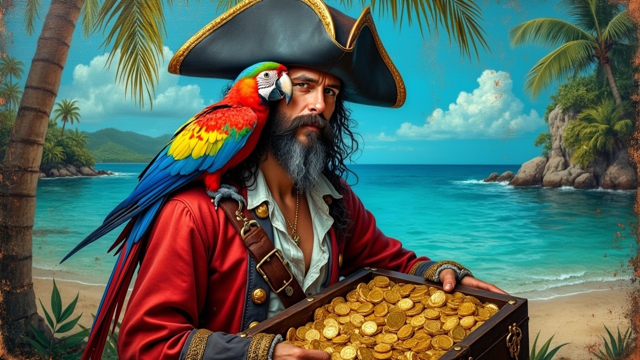 Rugged Pirate with Treasure on Tropical Beach