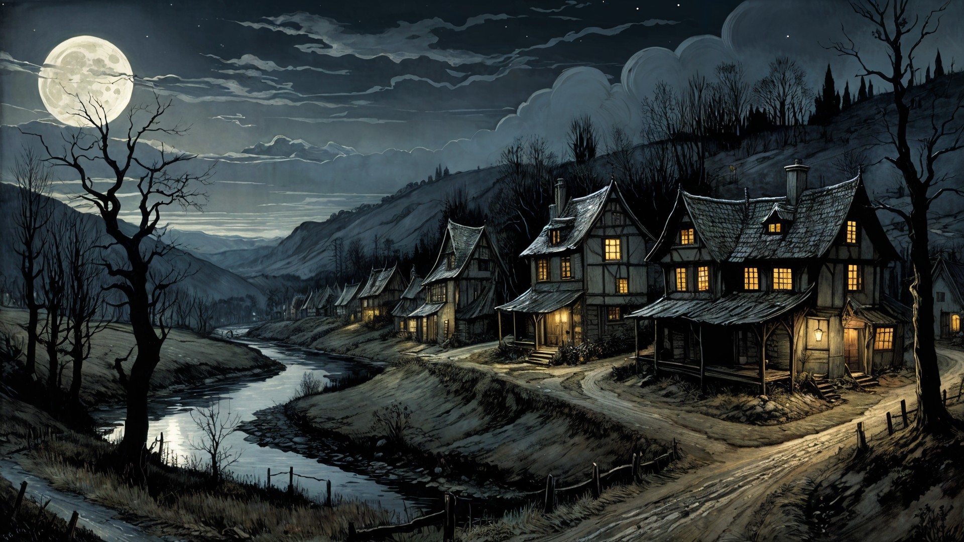 Nighttime Village Scene by a Winding River