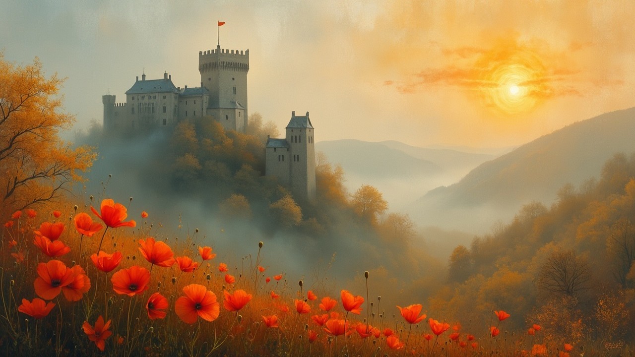 Castle on a Hill Surrounded by Misty Mountains and Poppies