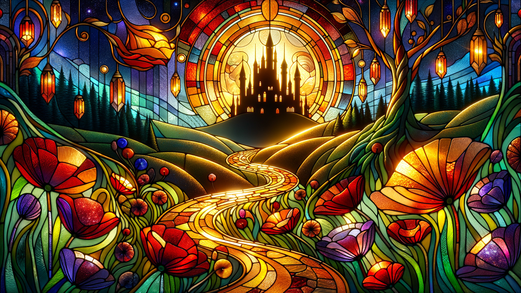 Vibrant Stained Glass Scene with Castle and Sunset