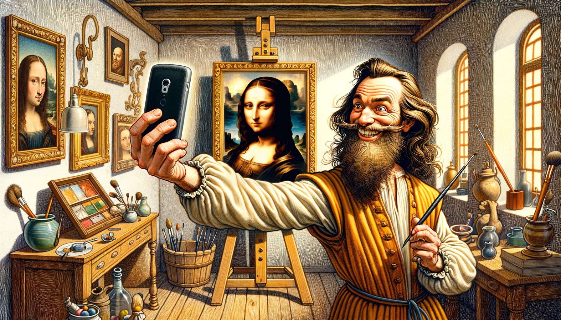 Cheerful Painter in Studio with Classic Portraits