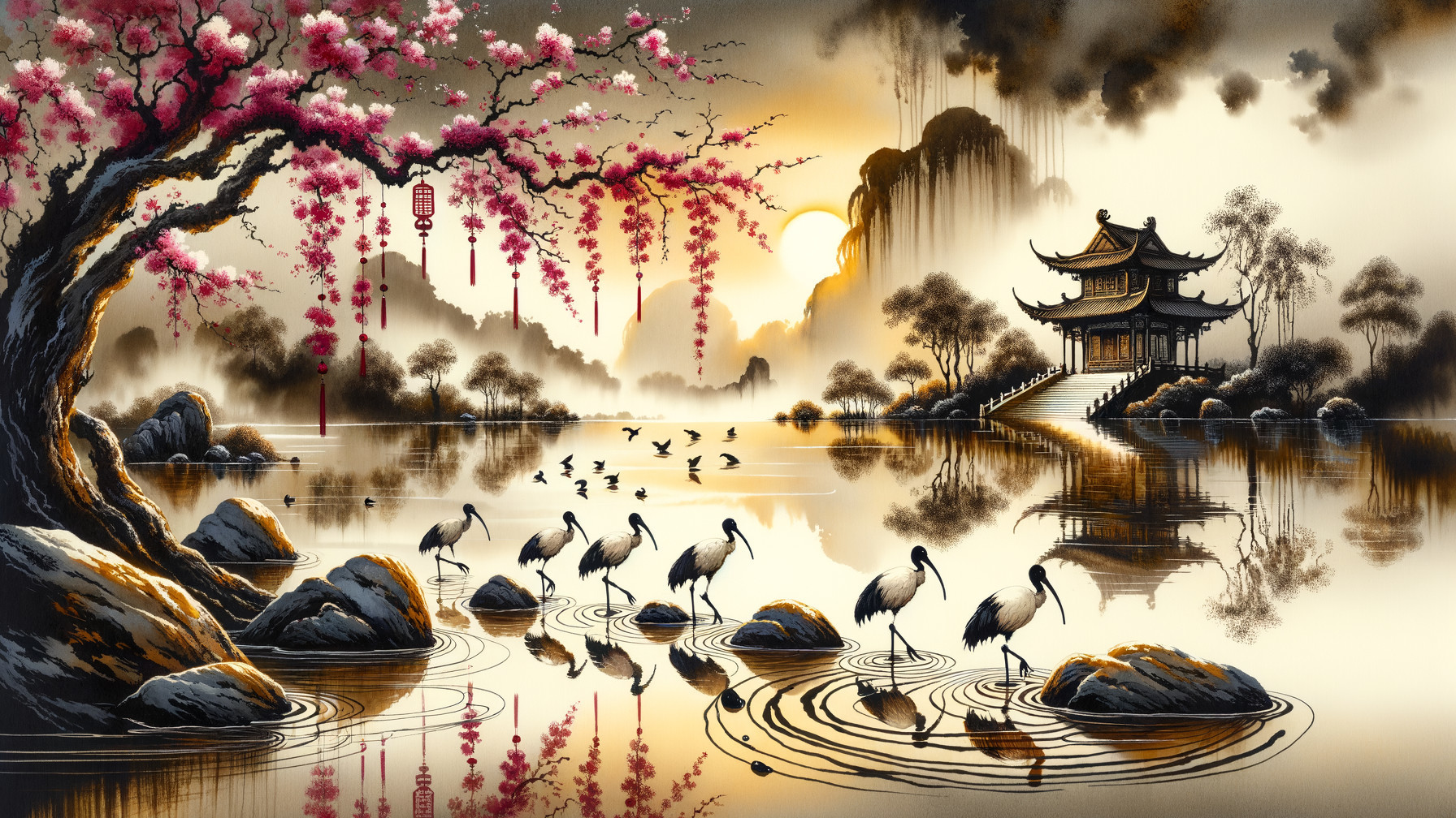 Traditional Asian Pagoda by Tranquil Lake at Sunrise