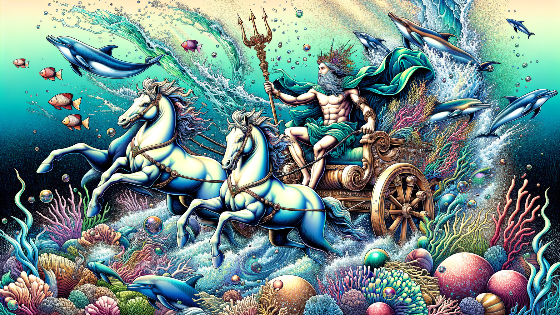 Sea God in Chariot Amidst Vibrant Underwater Scene