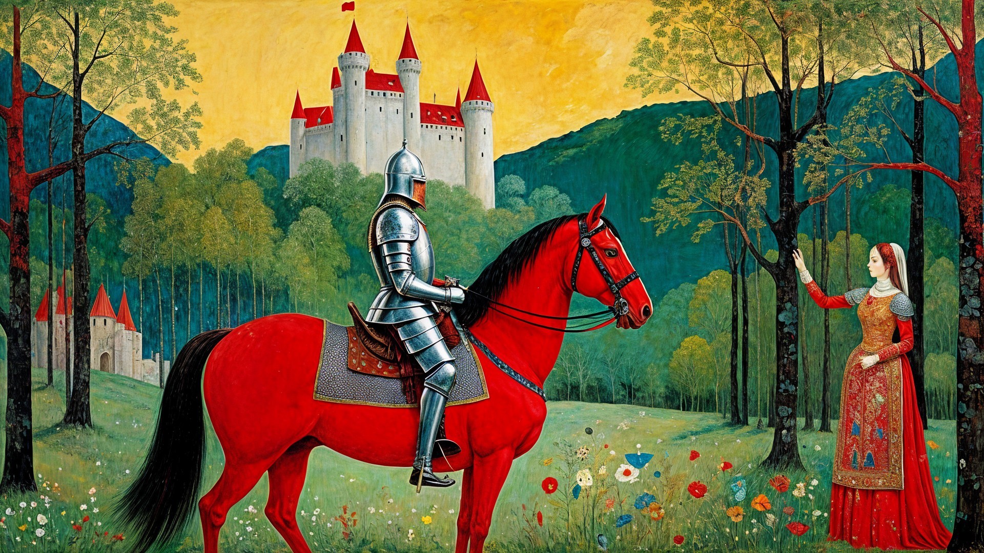 Knight on Red Horse in Colorful Floral Landscape