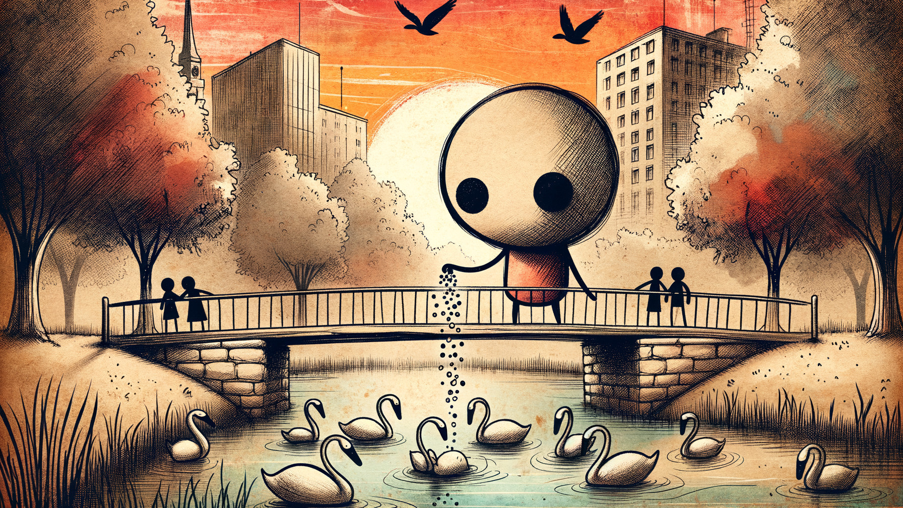 Large-headed character feeding swans at sunset pond