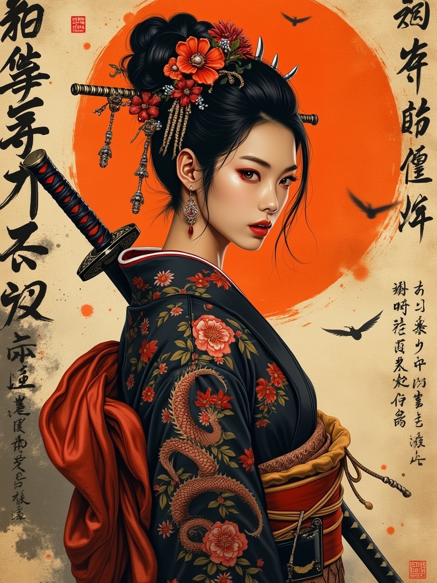 Woman in Traditional Kimono with Floral Patterns