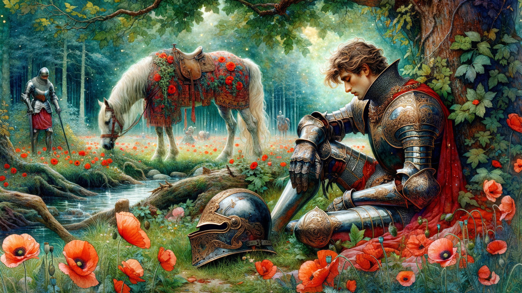 Knight in Armor by Stream in Serene Forest Glade