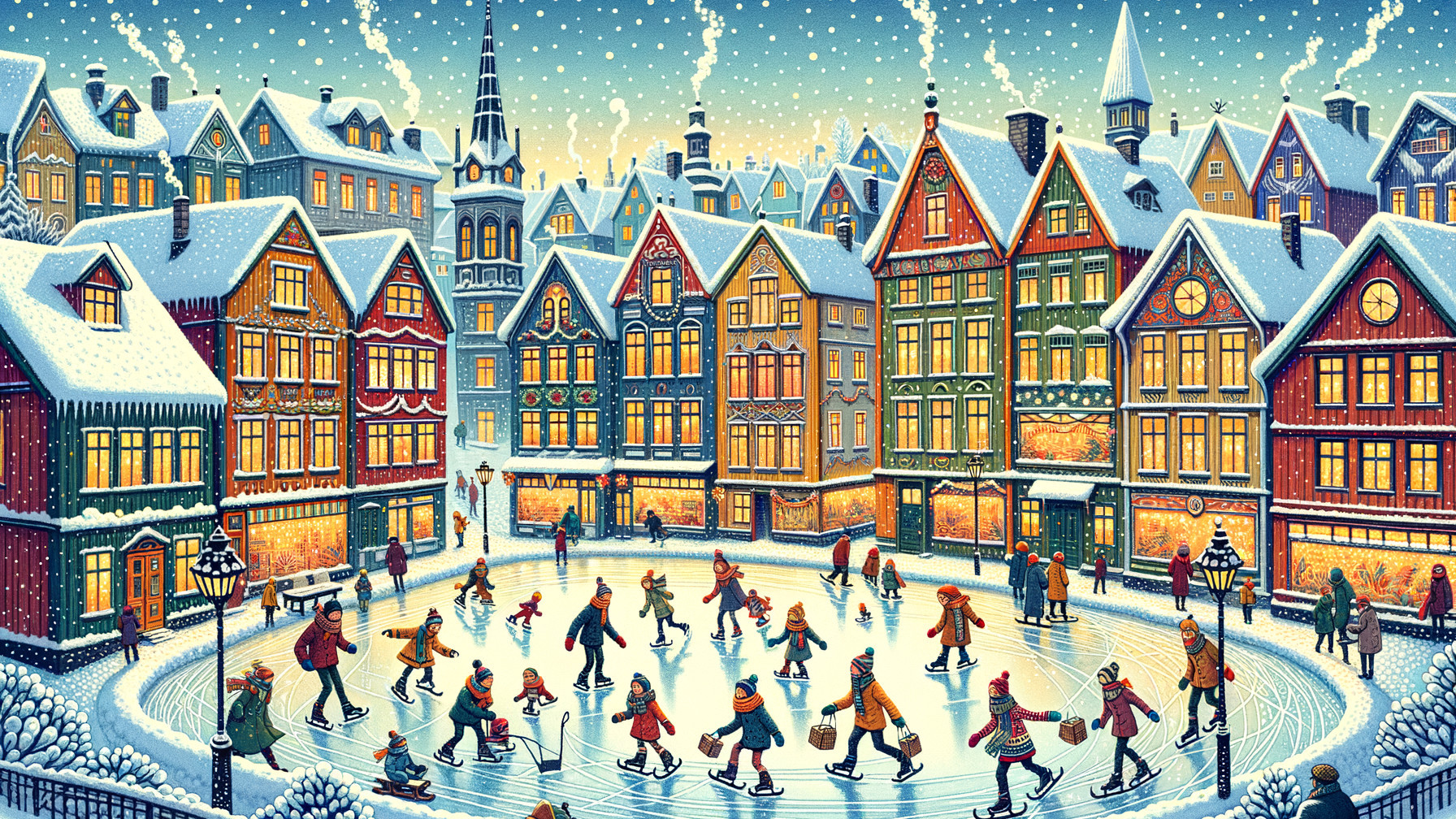 Winter Town Square Scene with Snow and Ice Rink