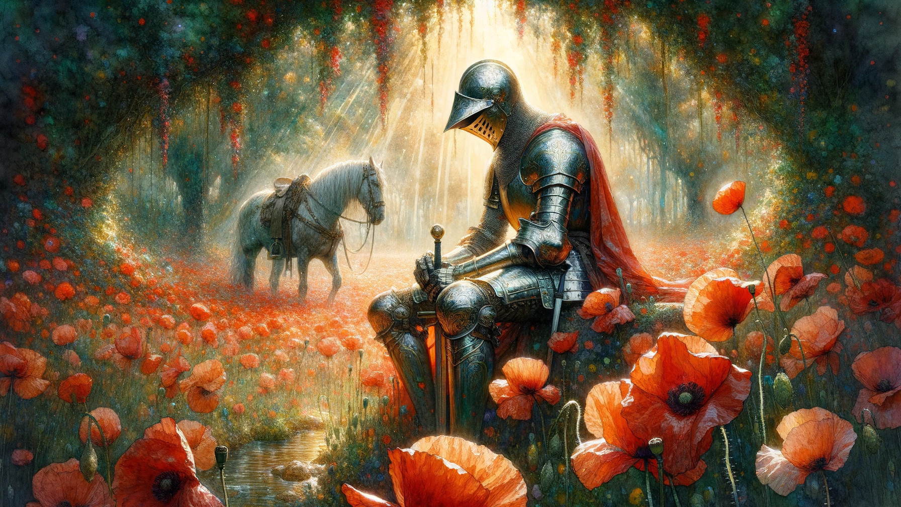 Knight in Armor by Stream in Poppy Meadow