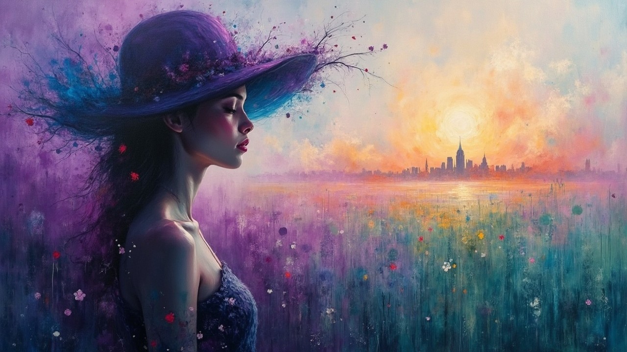 Serene Woman in Vibrant Hat Amid Colorful Landscape
